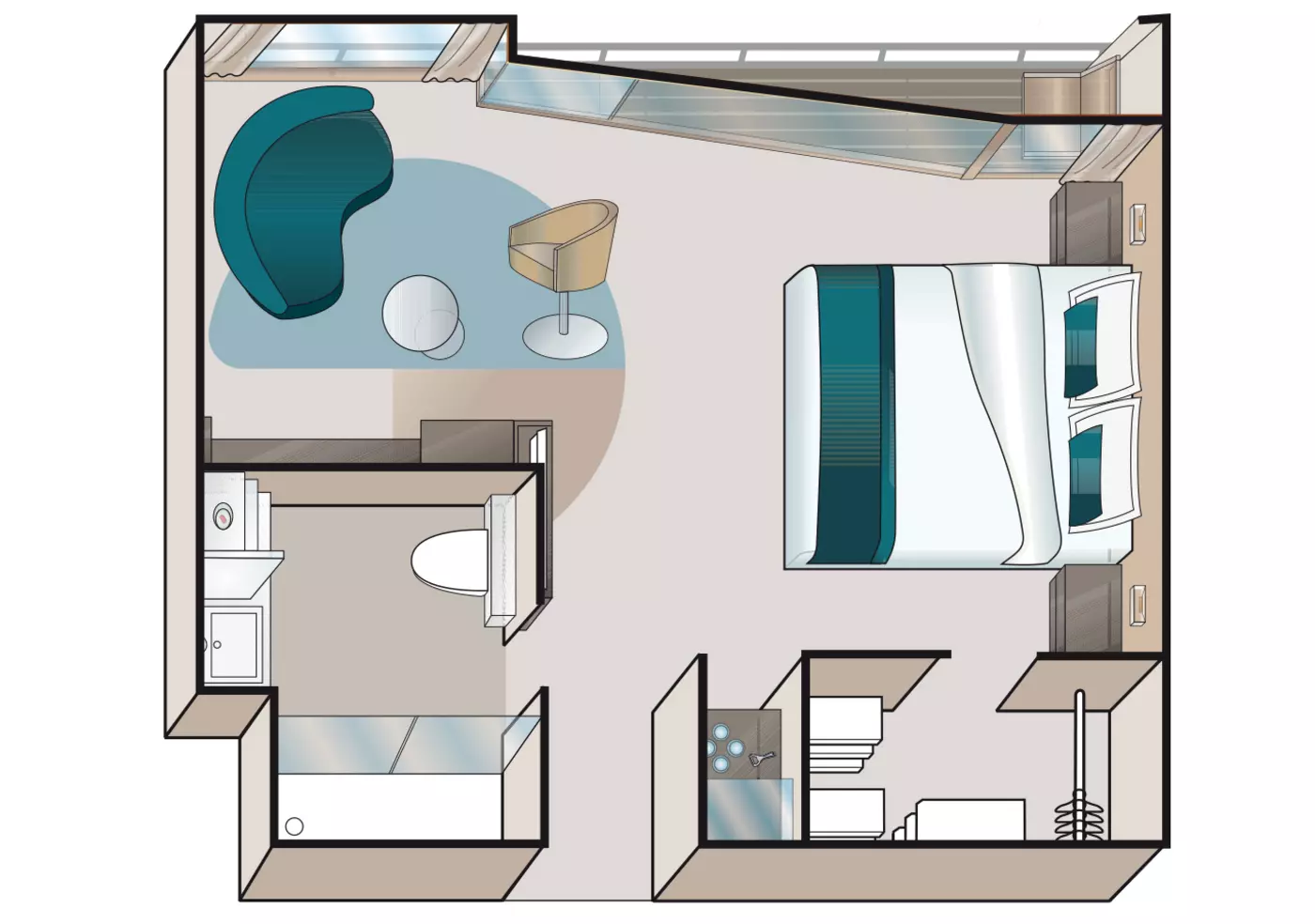 Floor plan of an AMADEUS Suite on the AMADEUS Cara, showing the sitting area and balcony
