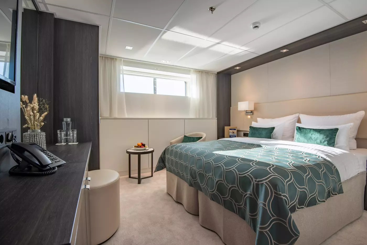A Haydn Deck cabin on the AMADEUS Cara, with its fixed panoramic window set high in the wall