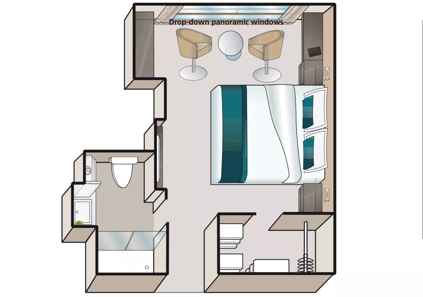 Floor plan of a Strauss and Mozart Deck cabin on the AMADEUS Cara, showing the drop-down panoramic windows